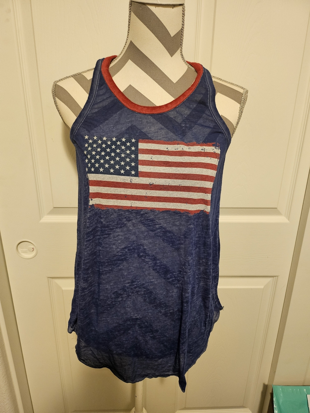 Zoe + Liv Navy Tank Top with Flag Graphic and Red Trim